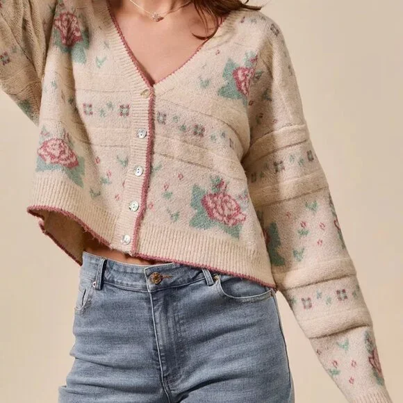 SO ME‎ Floral Pattern Long Sleeve Button Sweater Cardigan
